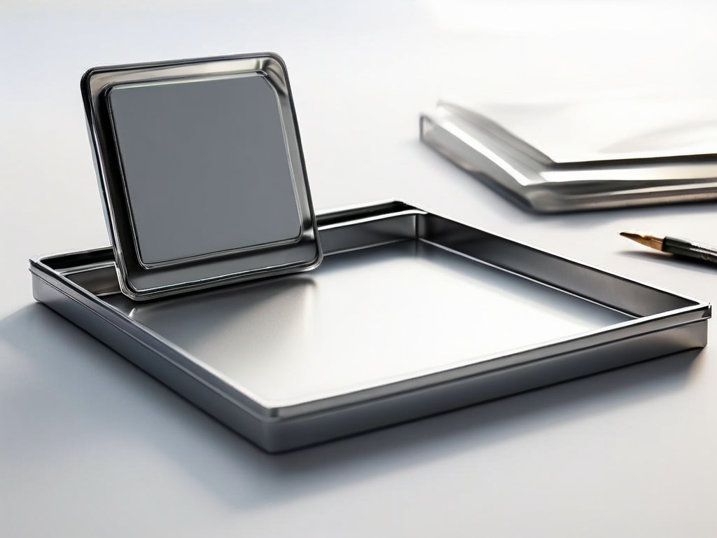 Blank divider cards in a compact storage tray on a brushed metal surface with angled morning light and shallow depth of field.
