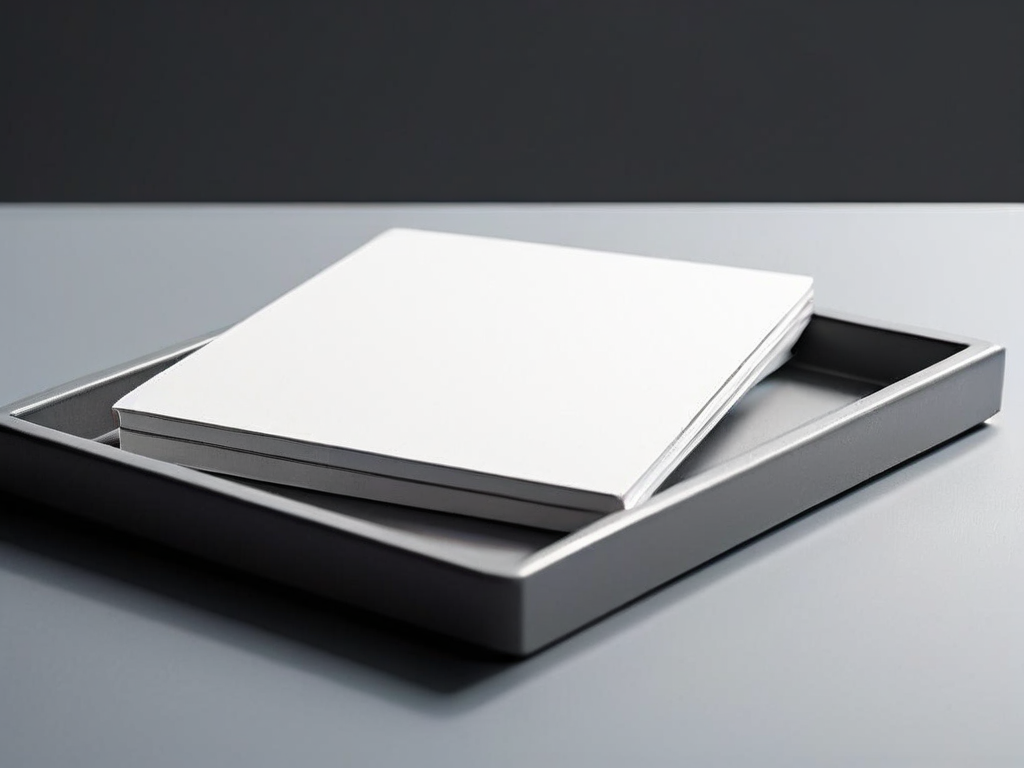 Three blank card variants in a comparison display tray with contrast markers on a matte gray studio surface.