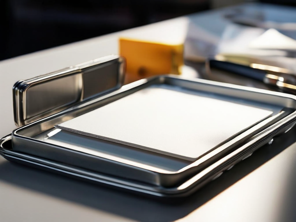 Blank divider cards and compact storage tray on brushed metal surface, morning light, shallow depth of field.