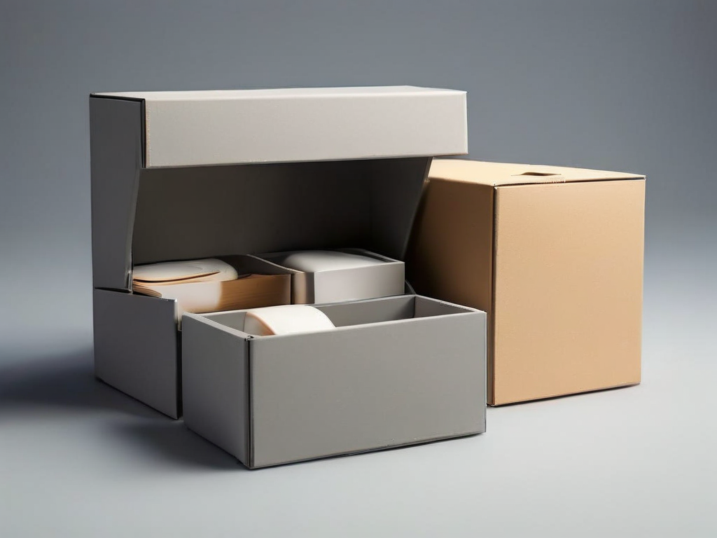 Small gray archive boxes and blank compartment inserts arranged on a matte surface, soft side light, clean shadows, minimal...