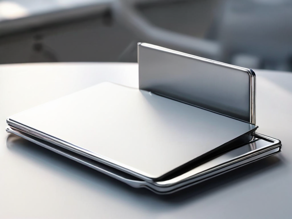 Stacked blank white divider cards beside a brushed metal storage tray on a sunlit surface, morning shadows.