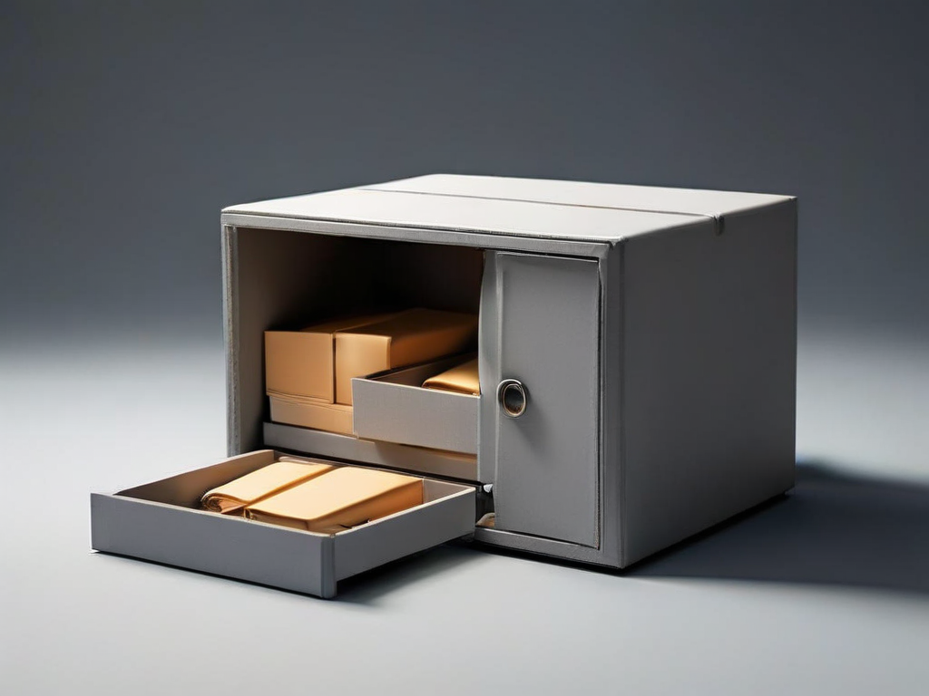 Small archive boxes with blank compartment inserts arranged on a matte gray surface symbolizing notification menu organization.