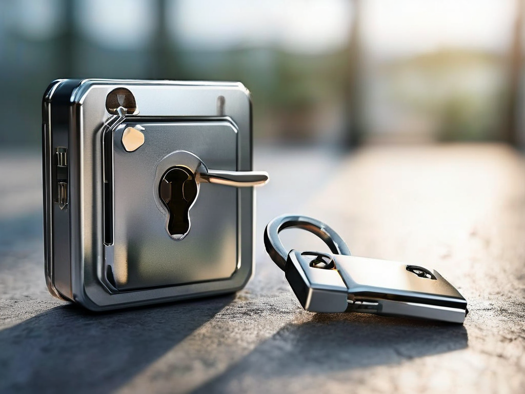 Small metal lock, closed key case, and blank security card on brushed metal surface, angled morning daylight, shallow depth of...