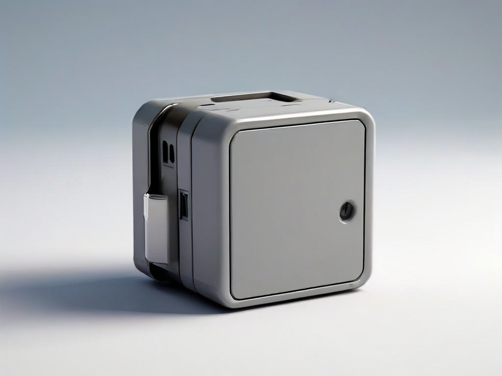 A portable storage drive stacked with blank data blocks and a small capacity gauge prop, set on a matte gray studio surface with...