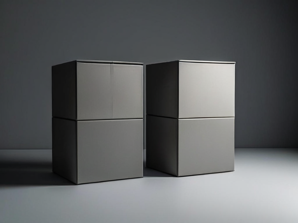 Two sealed archive boxes on a gray studio surface, one open with empty compartments, symbolizing service plan downgrade before...