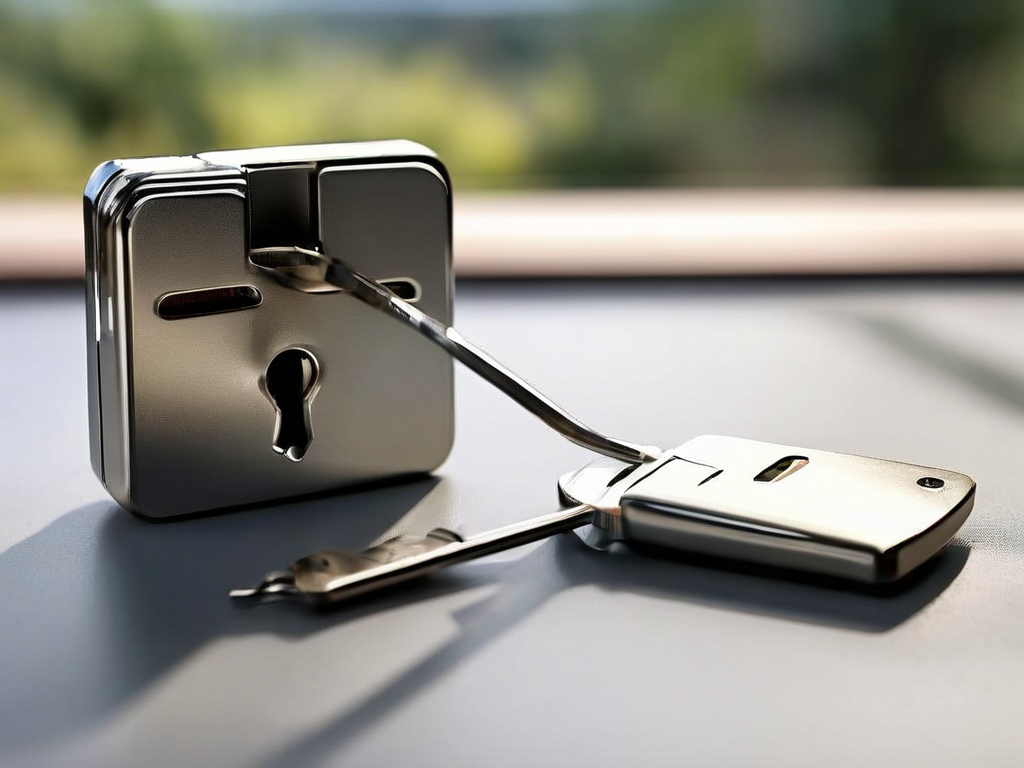Metal lock and key case with blank security card on brushed metal surface.