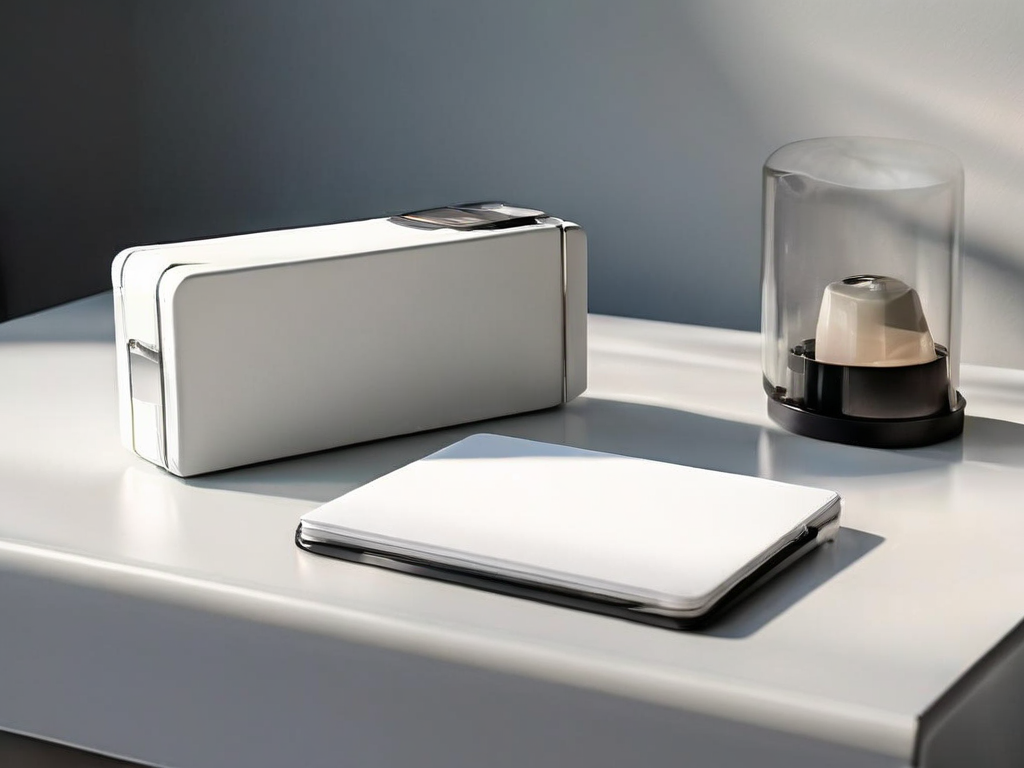 A sealed portable drive and blank notecards arranged on an acrylic tray for careful file review.