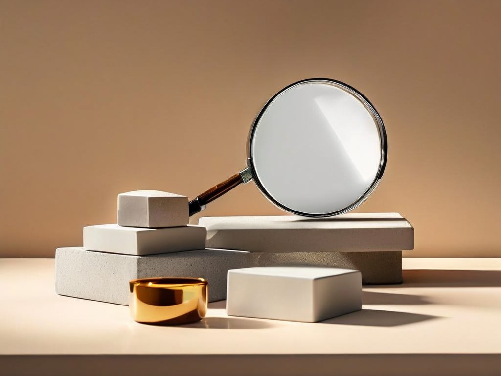 Magnifying glass examining a row of blank compact storage blocks and empty sleeves on a stone counter.