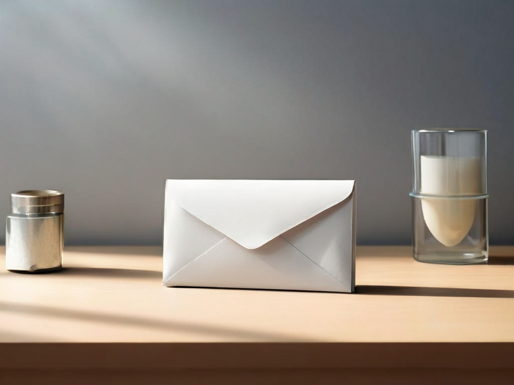 A sealed envelope and a blank notification card resting on a matte gray studio surface with soft side shadows.